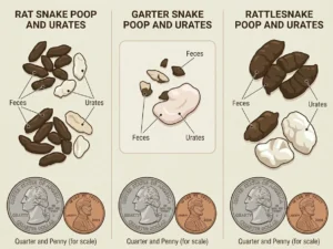An illustrated infographic showing that rat snake, garter snake, and rattle snake poop and urates look like, with a penny to scale