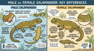 An illustrated infographic showing differences between male and female salamanders