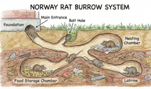 illustration showing the complexity of a Norway rat tunnel system underground
