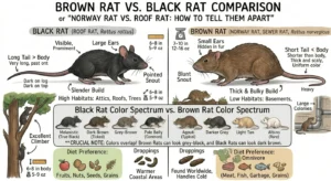 An illustration showing the difference between Black rats (roof rats) and brown rats (Norway rats)