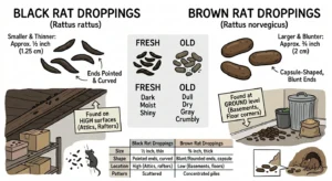 An illustration showing the difference between Brown rat (Norway rat( vs black rat (Roof rat) droppings