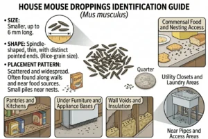An illustration showing what house mouse droppings look like and how to identify them