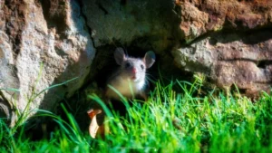 House mouse peeking out of hole