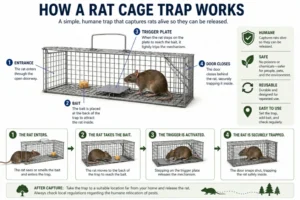 3D illustration showing how a rat cage trap works.