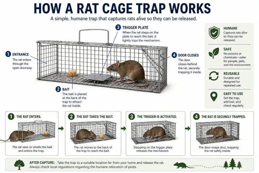 3D illustration showing how a rat cage trap works.