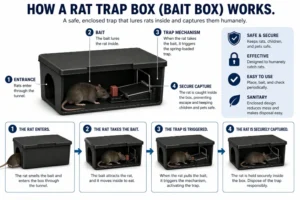 3D illustration showing how a rat trap box (bait box) works.