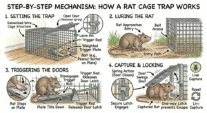 An illustration showing how a rat cage trap works.