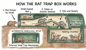 An illustration showing how a rat trap box (bait box) works.