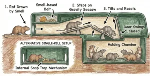 An illustration showing how a rat trap box (bait box) works.