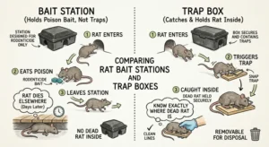 An illustration showing how a rat trap box is different from a bait station