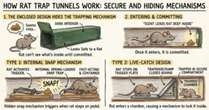 An illustration showing how a rat trap tunnel works
