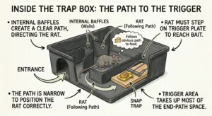 An illustration showing the path from entrance to trap in a rat trap box