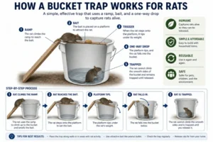 3D illustration showing how a bucket trap for rats works.