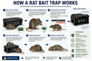 3D illustration showing how a rat bait trap works.