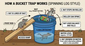 An illustration showing how a bucket trap for rats works.