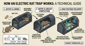 An illustration showing how an electric trap works for rats