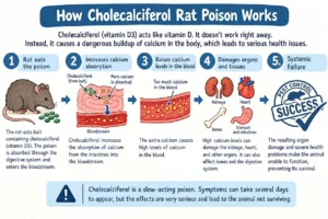 A simple illustration showing how Cholecalciferol rat poison (D3) works