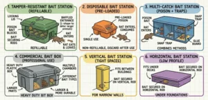 An illustration showing how 6 types of rat poison boxes, also called bait boxes, work
