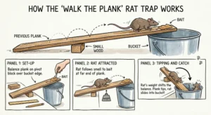 An illustration showing how a DIY Walk the plank rat trap works