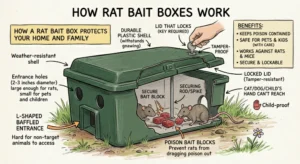An illustration showing how a rat poison box, also called a bait box, works