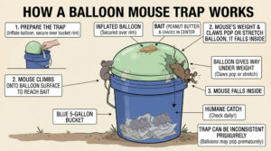 An illustration showing how a Balloon Trap for mice works