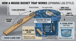 An illustration showing how a Bucket And Ramp Trap for mice works
