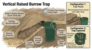 An illustration showing how a Burrow Entrance Drop Trap for rats works