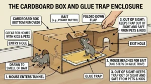 An illustration showing how a Cardboard Box And Glue Trap Enclosure for mice works