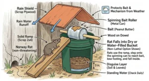 An illustration showing how a Covered Bucket And Ramp Trap for rats works