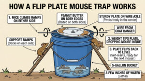 An illustration showing how a Flip Plate Trap for mice works