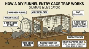 An illustration showing how a Funnel Entry Cage Trap for rats works