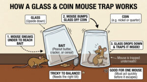 An illustration showing how a Glass And Coin Trap for mice works
