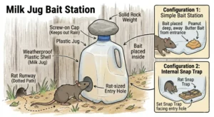An illustration showing how a Milk Jug Bait Station for rats works