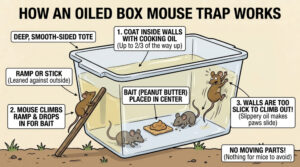An illustration showing how a Oiled Box Trap for mice works