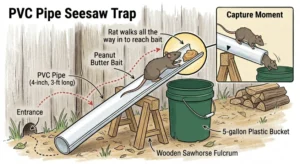 An illustration showing how a PVC Pipe Seesaw Trap for rats works