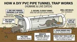 An illustration showing how a PVC pipe tunnel trap for rats works