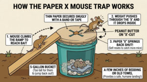 An illustration showing how a Paper X Trap for mice works