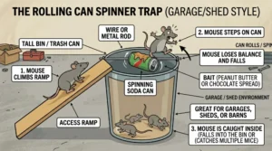 An illustration showing how a Rolling Can Spinner Trap for mice works