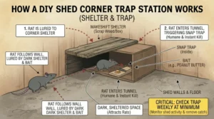 An illustration showing how a Shed Corner Trap Station for rats works
