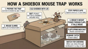 An illustration showing how a Shoebox Trap for mice works