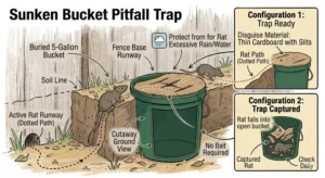 An illustration showing how a Sunken Bucket Pitfall Trap for rats works