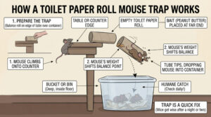 An illustration showing how a Toilet Paper Roll Trap for mice works
