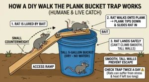 An illustration showing how a Walk The Plank Bucket Trap for rats works