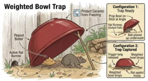 An illustration showing how a Weighted Bowl Trap for rats woks