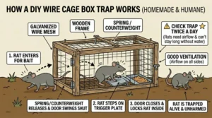 An illustration showing how a Wire Cage Box Trap for rats works