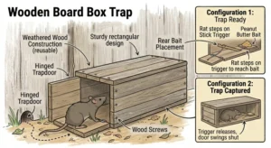 An illustration showing how a Wooden Board Box Trap for rats works