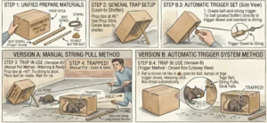 An illustration showing how a box Trap for rats works