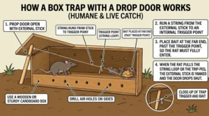 An illustration showing how a box trap with a drop door for rats works