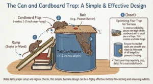An illustration showing how a can and cardboard Trap for rats works