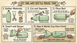 An illustration showing how a one way Bottle Trap for mice works